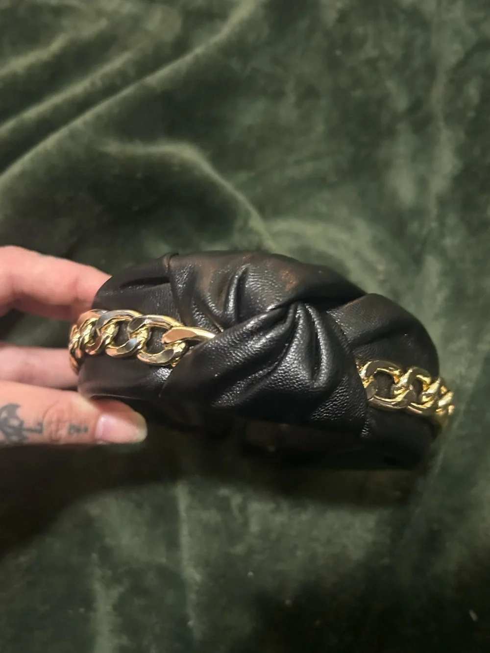 Black Faux Leather Headband with Gold Chain Accent